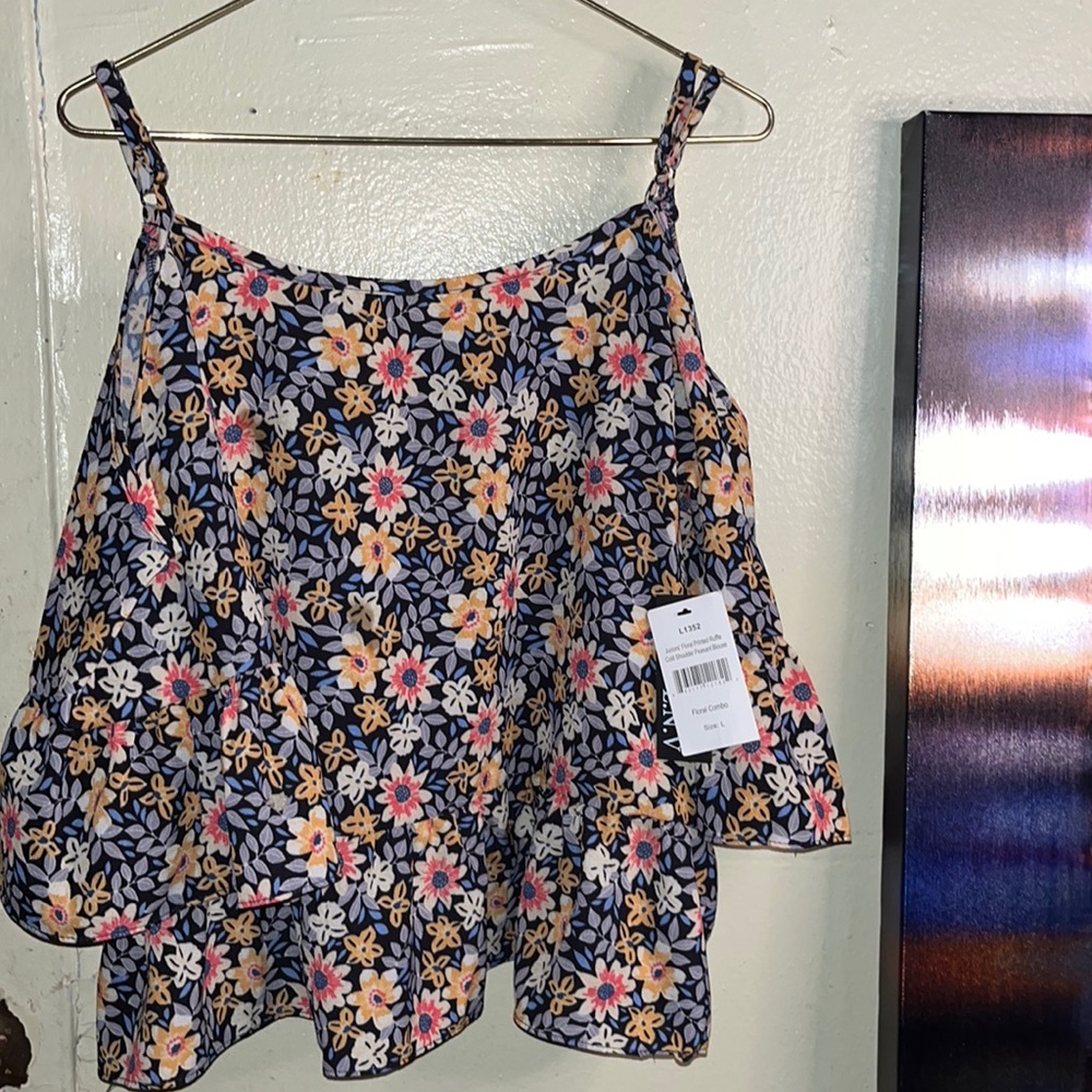 Juniors Floral Printed Ruffle Cold Shoulder Peasant Blouse Floral Combo Size L